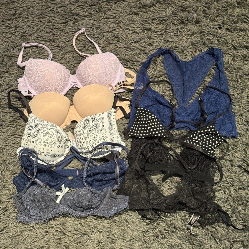 Elegant Women's Lace and Patterned Bra Set - Black, Blue, Cream, White